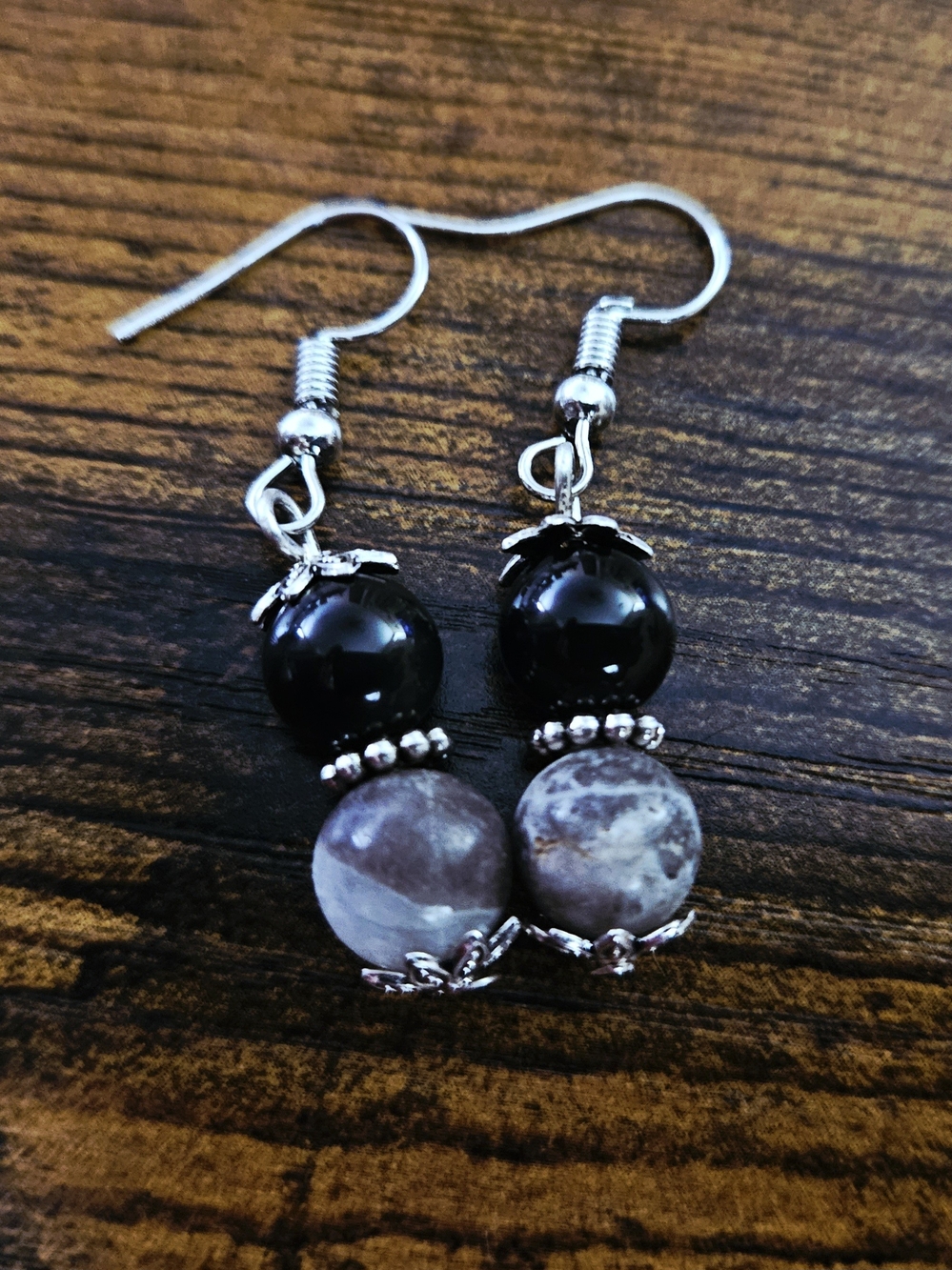 Black and Gray Bead Drop Earrings with Silver Accents
